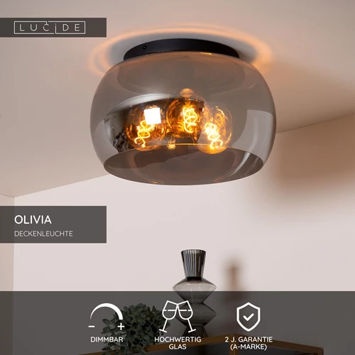 Lucide OLIVIA - Deckenleuchte - Ø 40 cm - 3xE27 - Rauchfarbe Grau - USP